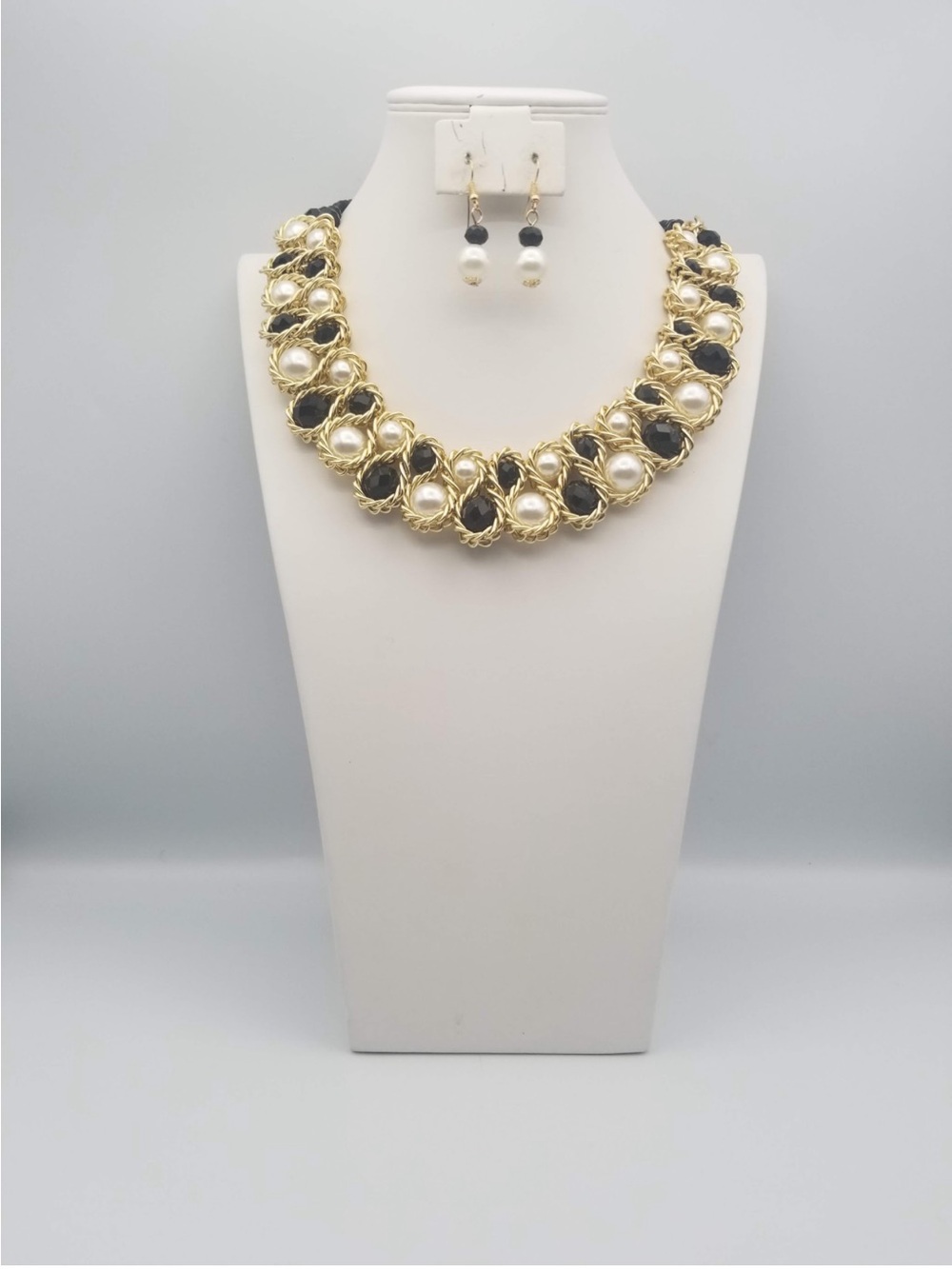 Gold Pearl and Black Statement Necklace Set - Women Jewelry